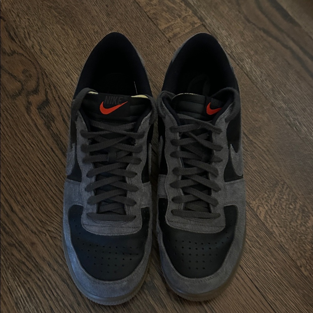 Nike Dark Gray and Black Shoes with Red Swoosh